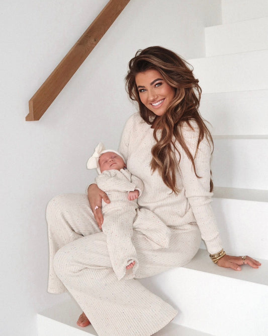 Dames - Geribbelde broek - Beige spikkel